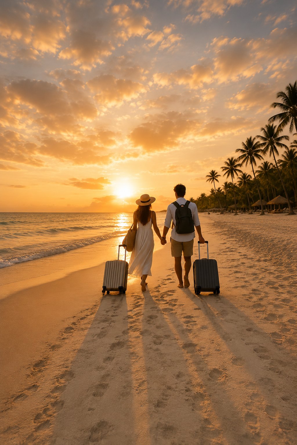 Casal de viajantes na praia ao pôr do sol